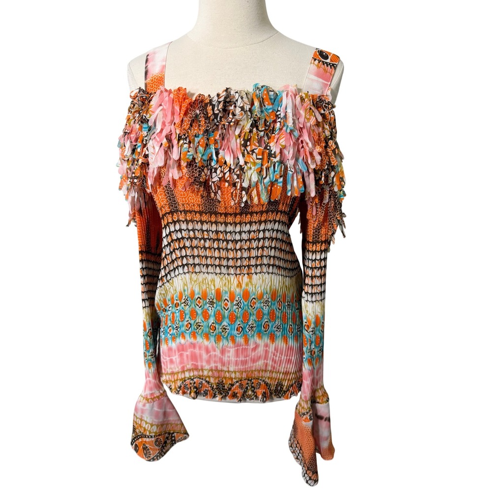 Kaelyn Max II Y2K 2X Cold Shoulder Ruffle Fringe Crinkle Top Multi Color Boho